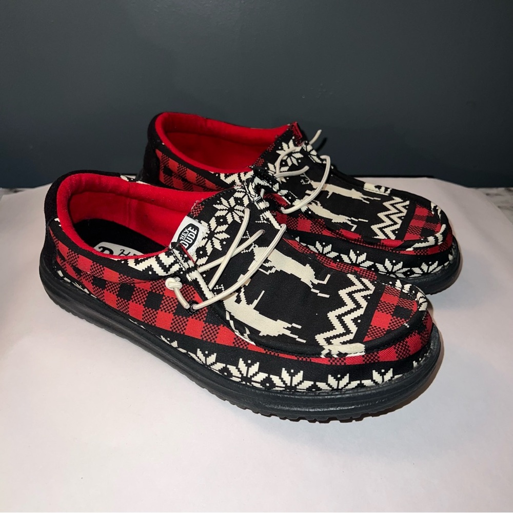 Hey Dude Red and Black holiday cheer men 8